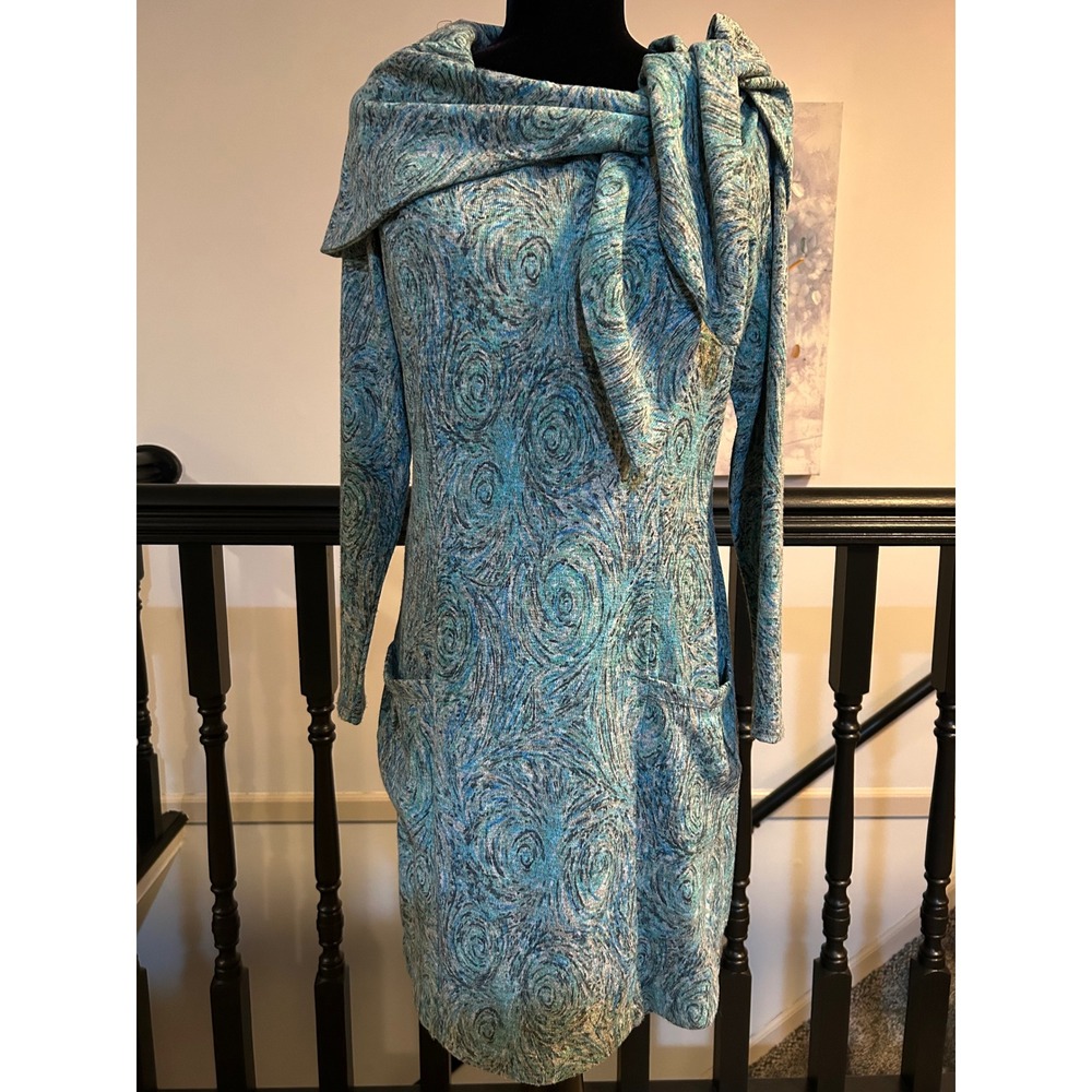 Spanner Womens Teal Blue Swirl Knit Sheath Dress Cowl Neck Pockets Size S